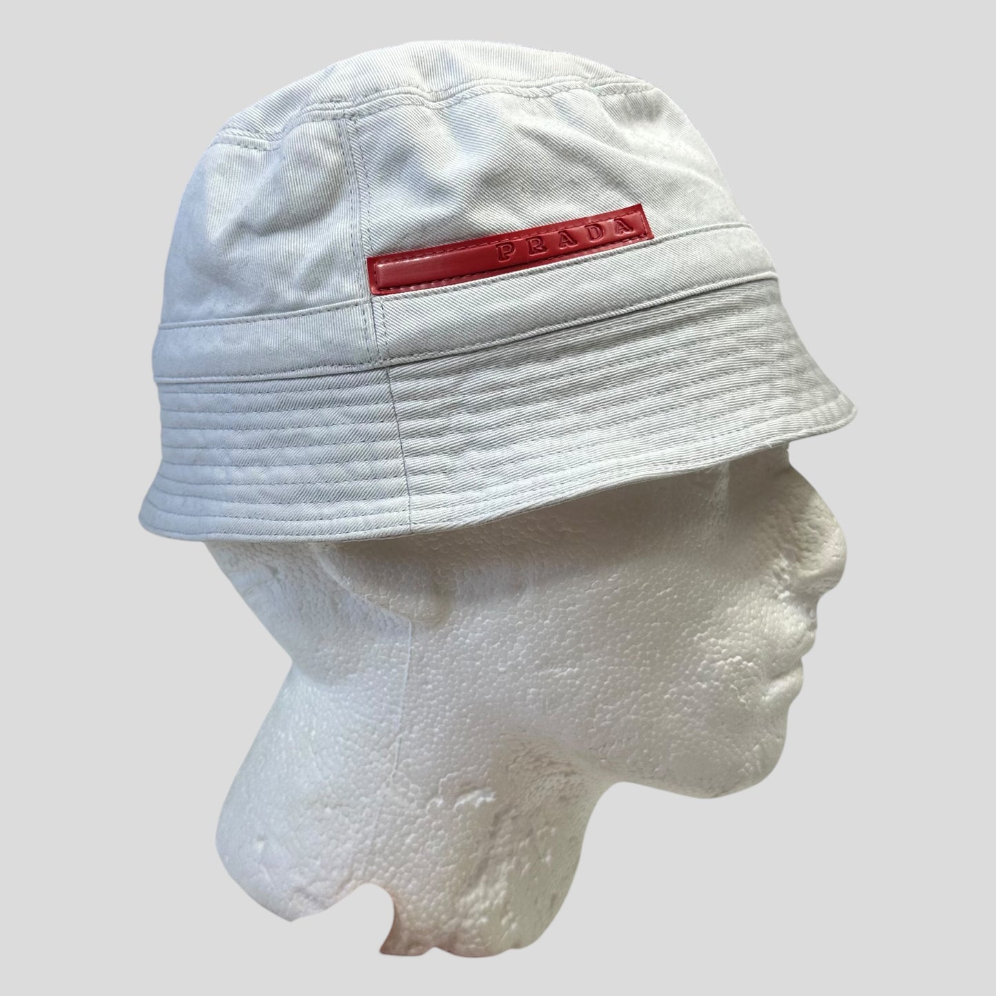 Prada Sport 1999 White Cotton Red Rubber Tab Bucket Hat - M