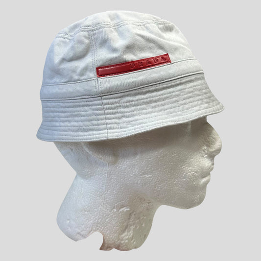 Prada Sport 1999 White Cotton Red Rubber Tab Bucket Hat - M