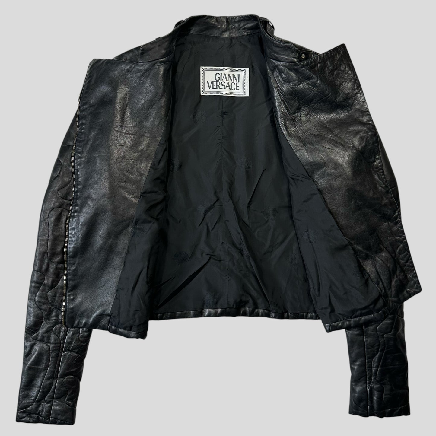 Gianni Versace 1997 Leather Puzzle Camo Biker Jacket - S