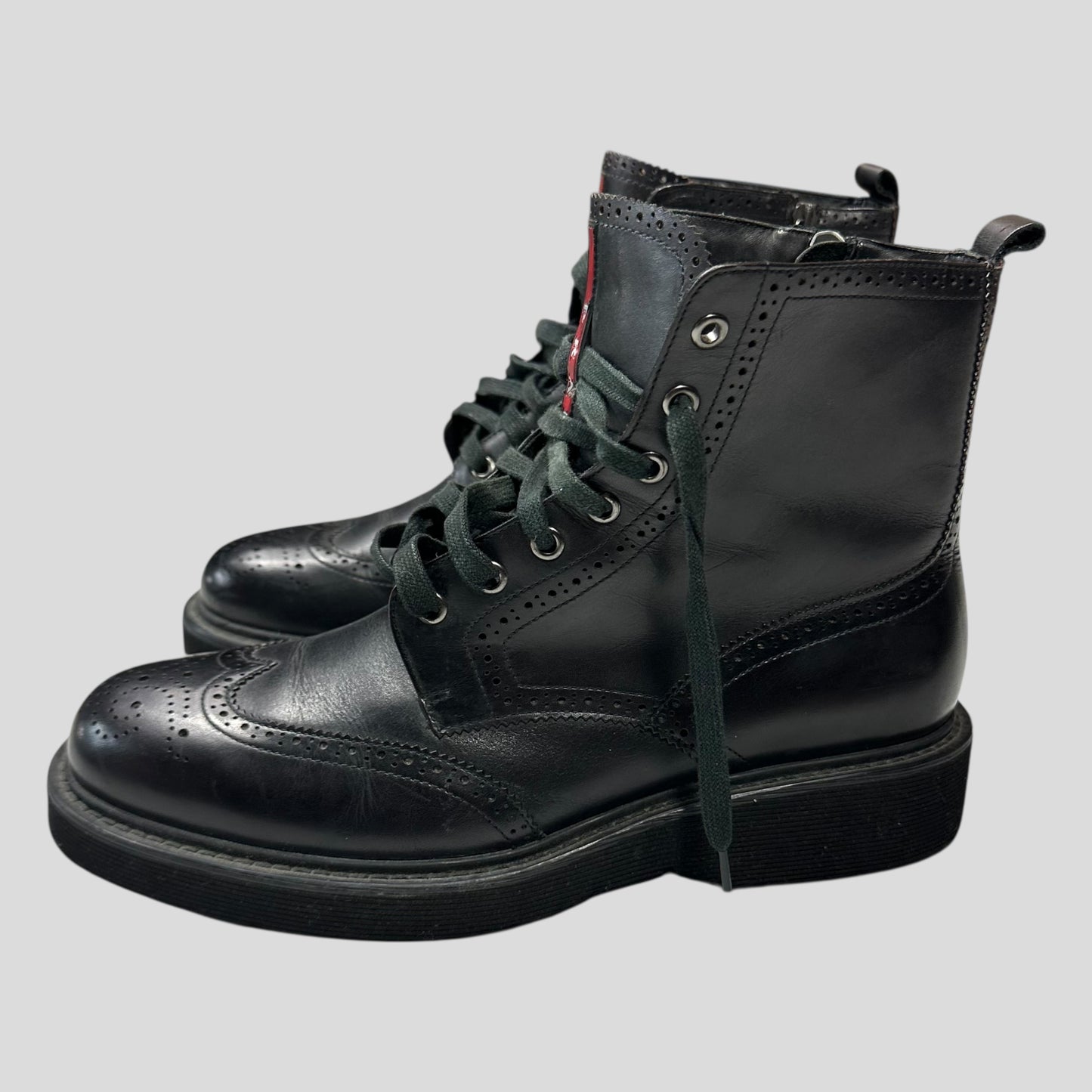 Prada Brogue Detailed Leather Combat Boots - UK7.5/8
