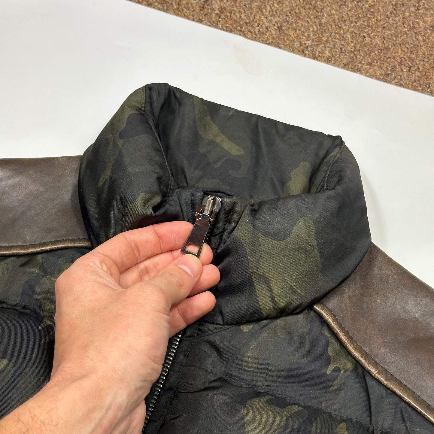 Prada Milano 2014 Green Camo Nylon Elder Down Leather Puffer - IT46