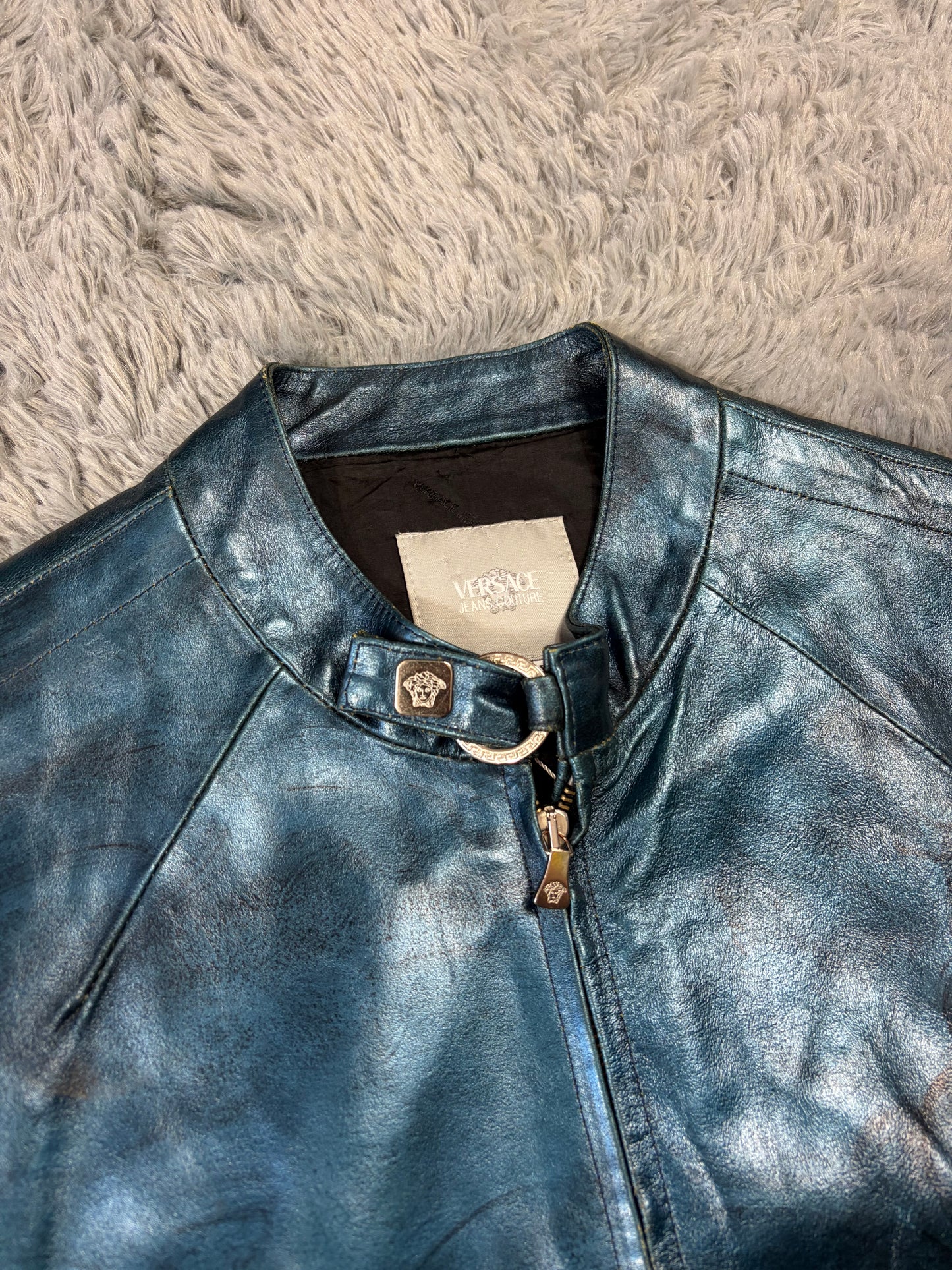 Versace VJC 00’s Blue Leather Metallic Rockstar Jacket - L