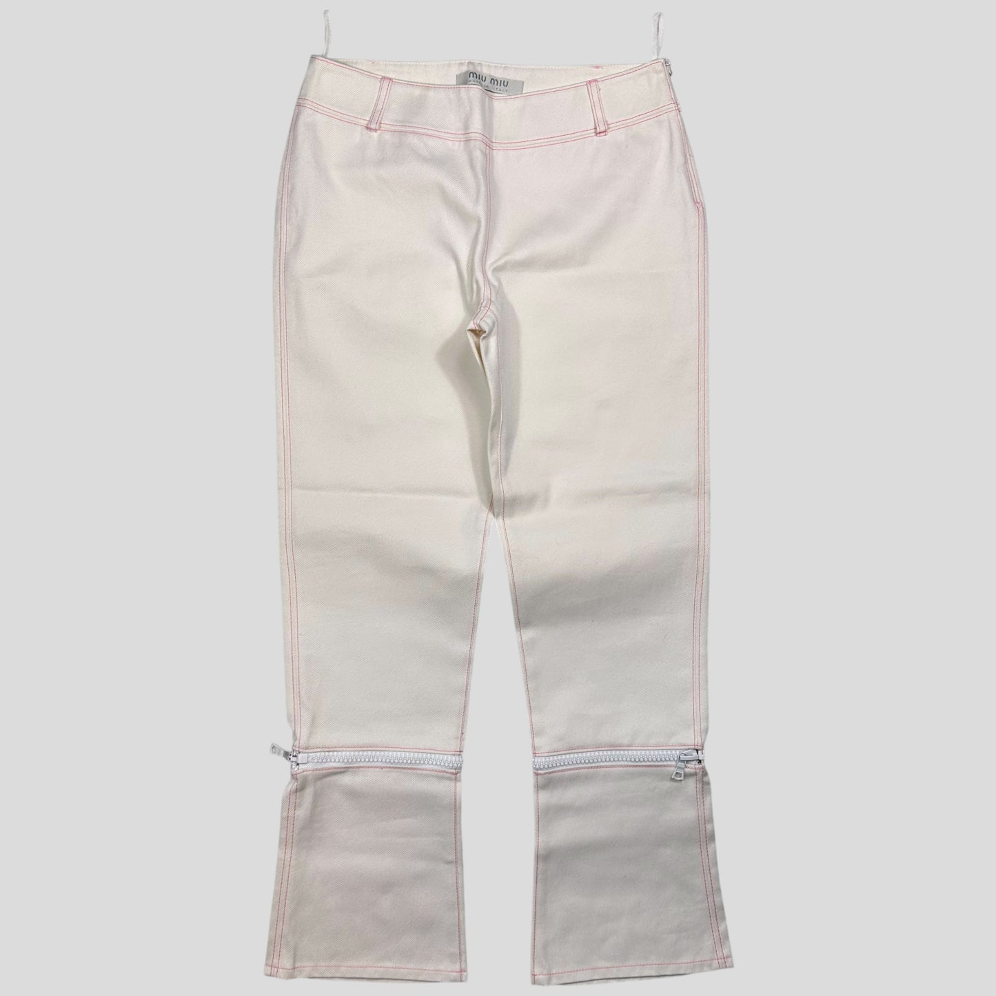 Miu Miu SS00 White and Pink Contrast Stitch Zip-off Bell Trousers - IT42