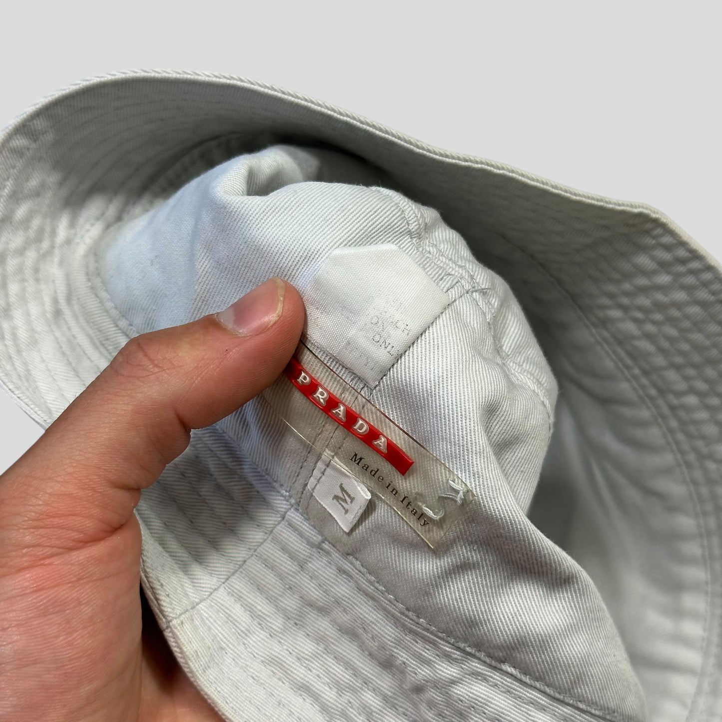 Prada Sport 1999 White Cotton Red Rubber Tab Bucket Hat - M