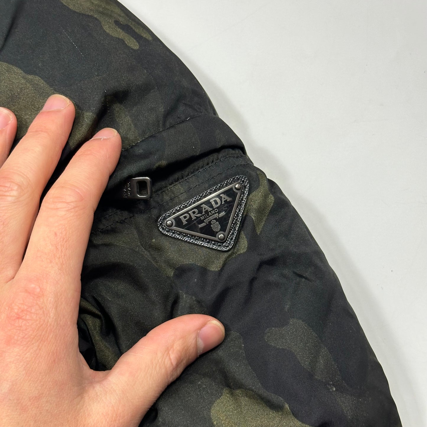 Prada Milano 2014 Green Camo Nylon Elder Down Leather Puffer - IT46