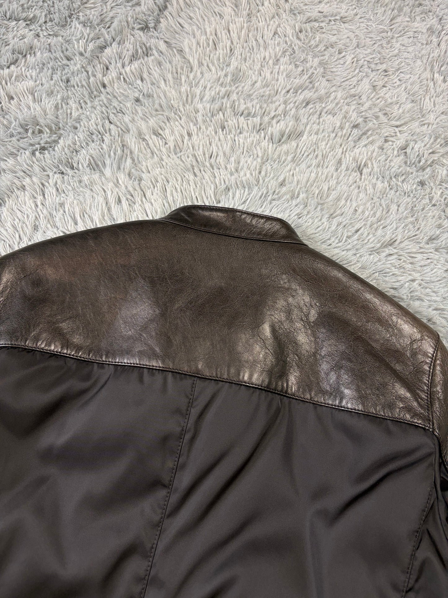 Prada Milano 2011 Gabardine Nylon Leather Hybrid Biker Jacket - S/M