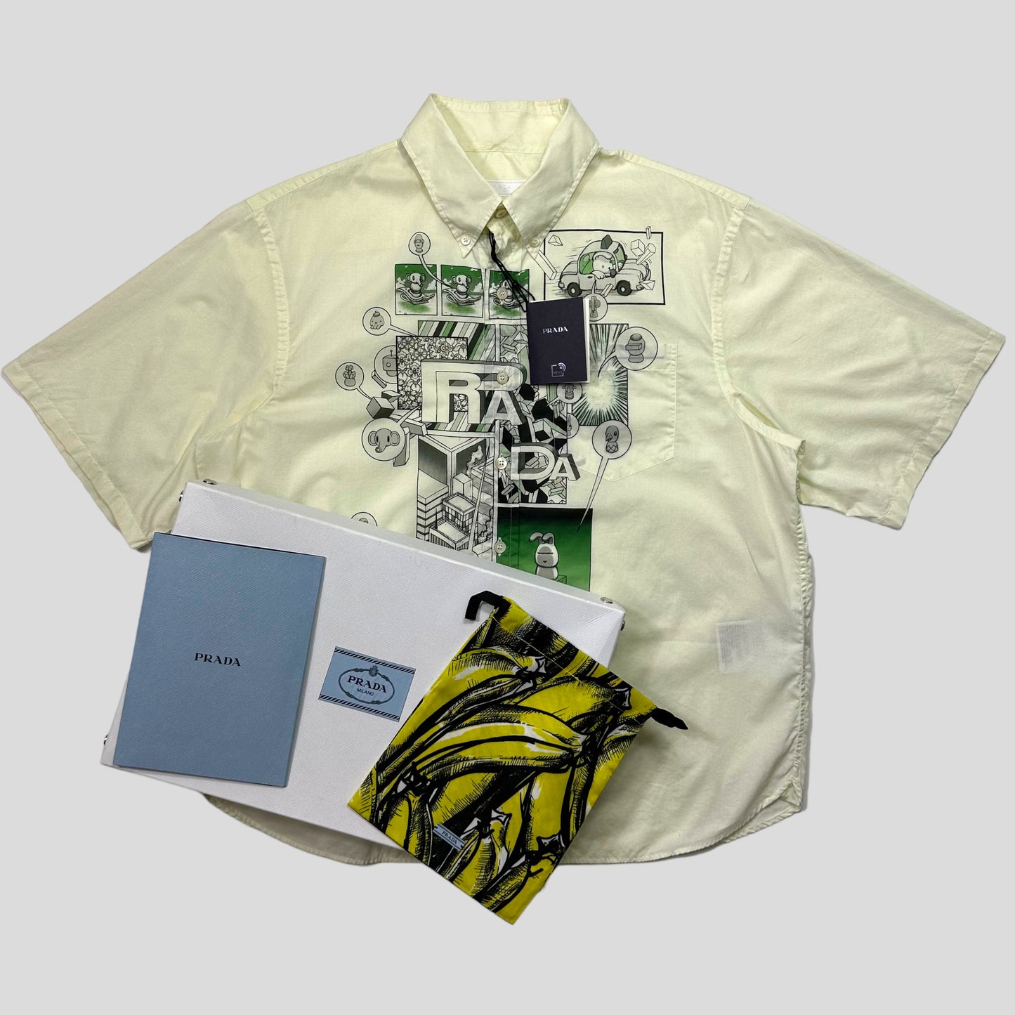 Prada Milano 2017 Comic Print Boxy Cotton Shirt + Tags Box Dustbag etc - XL