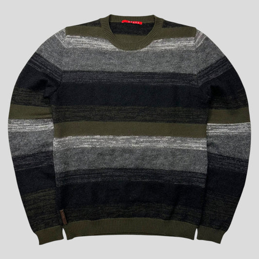 Prada Sport 2006 Striped Mohair Alternating Texture Leather Logo Knit Jumper - S