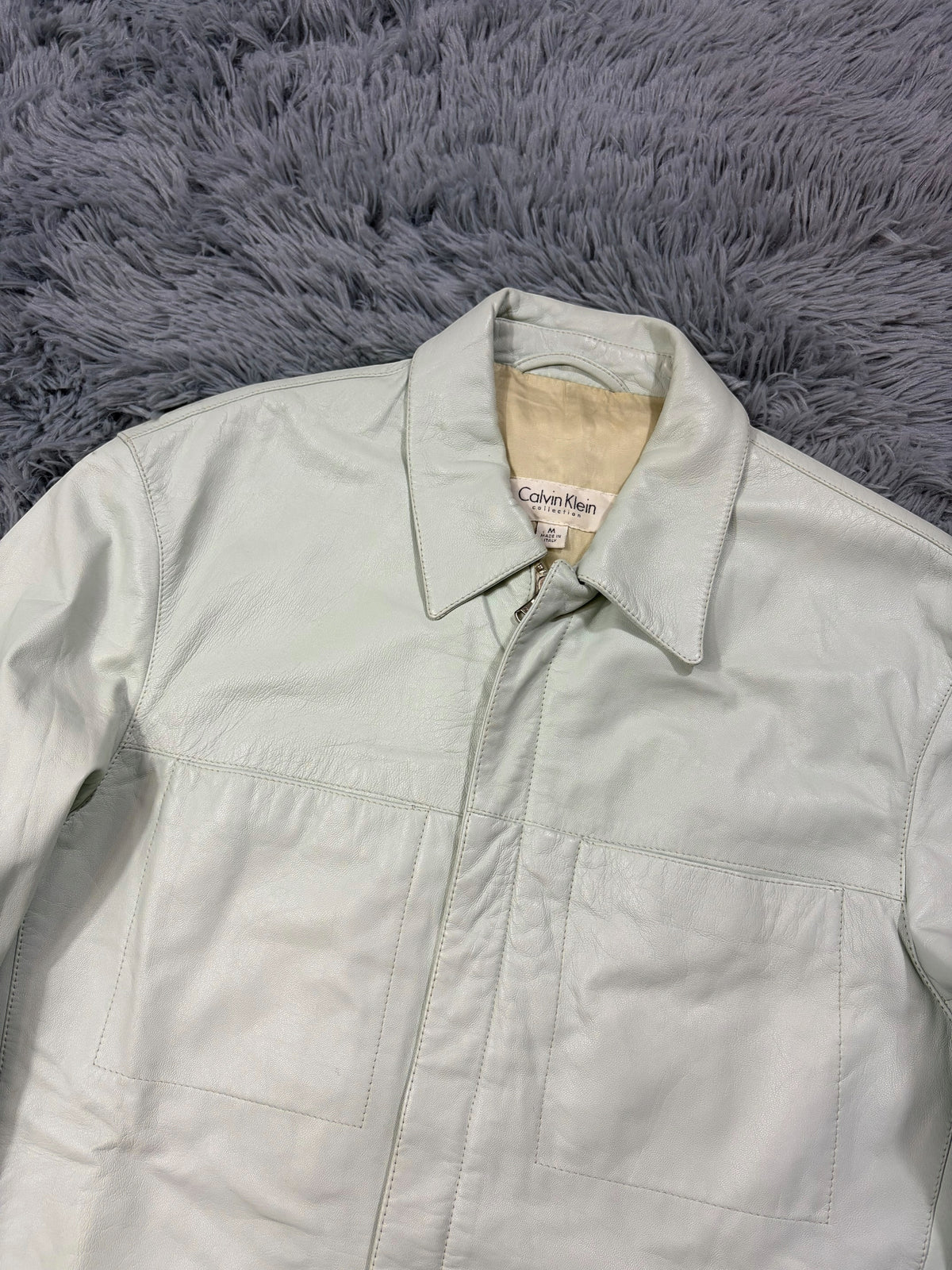 Calvin Klein Collection 00’s Mint Green Leather Fitted Trucker Jacket - M
