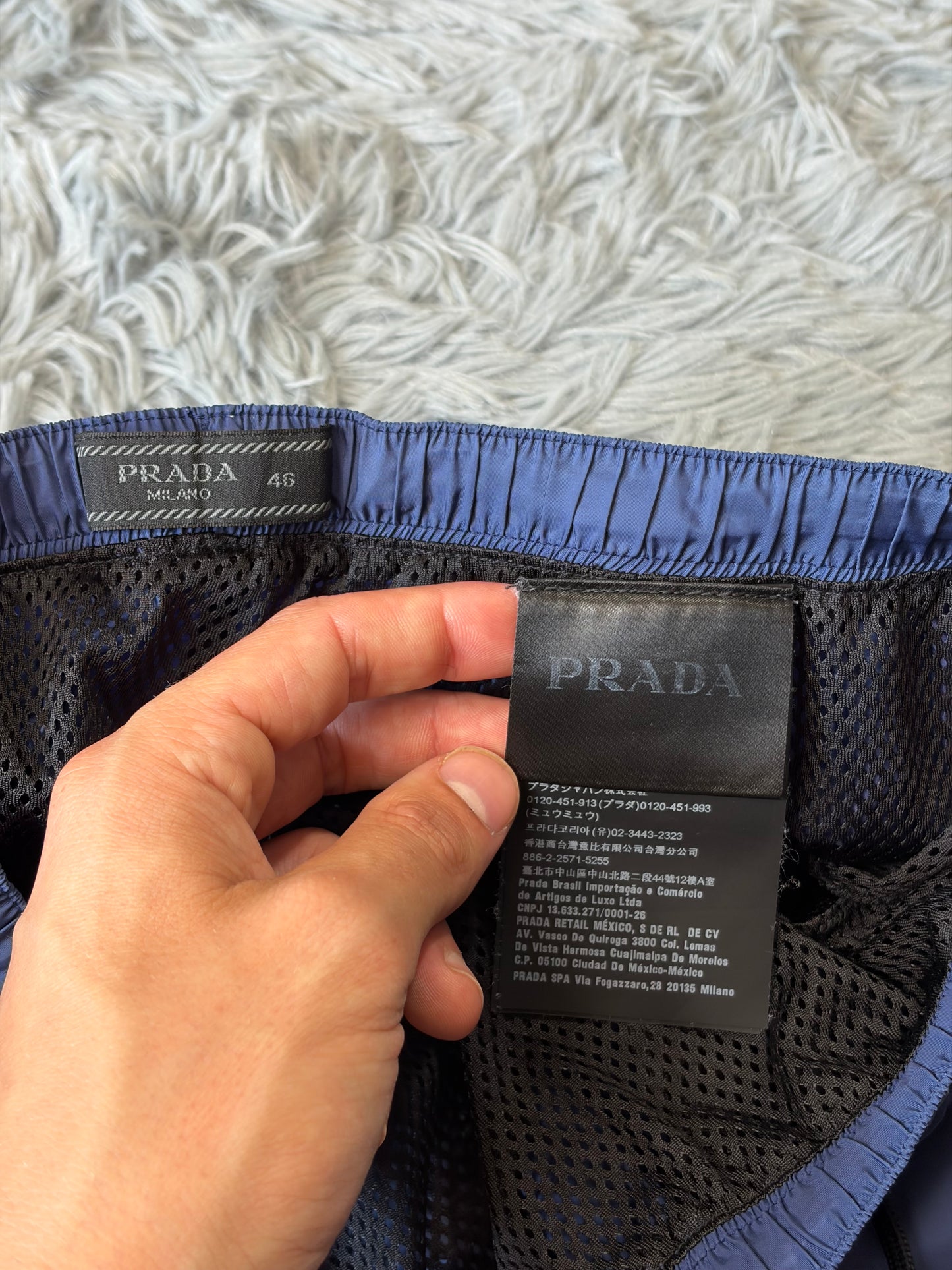 Prada Milano 2018 Triangle Double Logo Blue Nylon Shorts - IT46