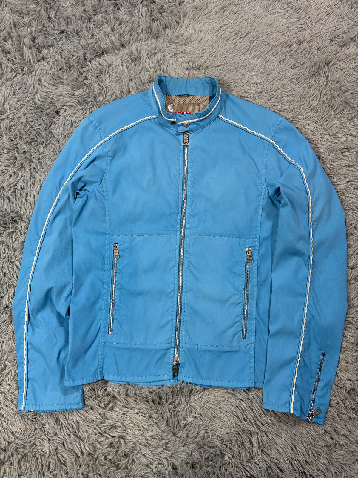 Prada Sport 2003 Aqua Blue Nylon Piped Biker Jacket - IT48