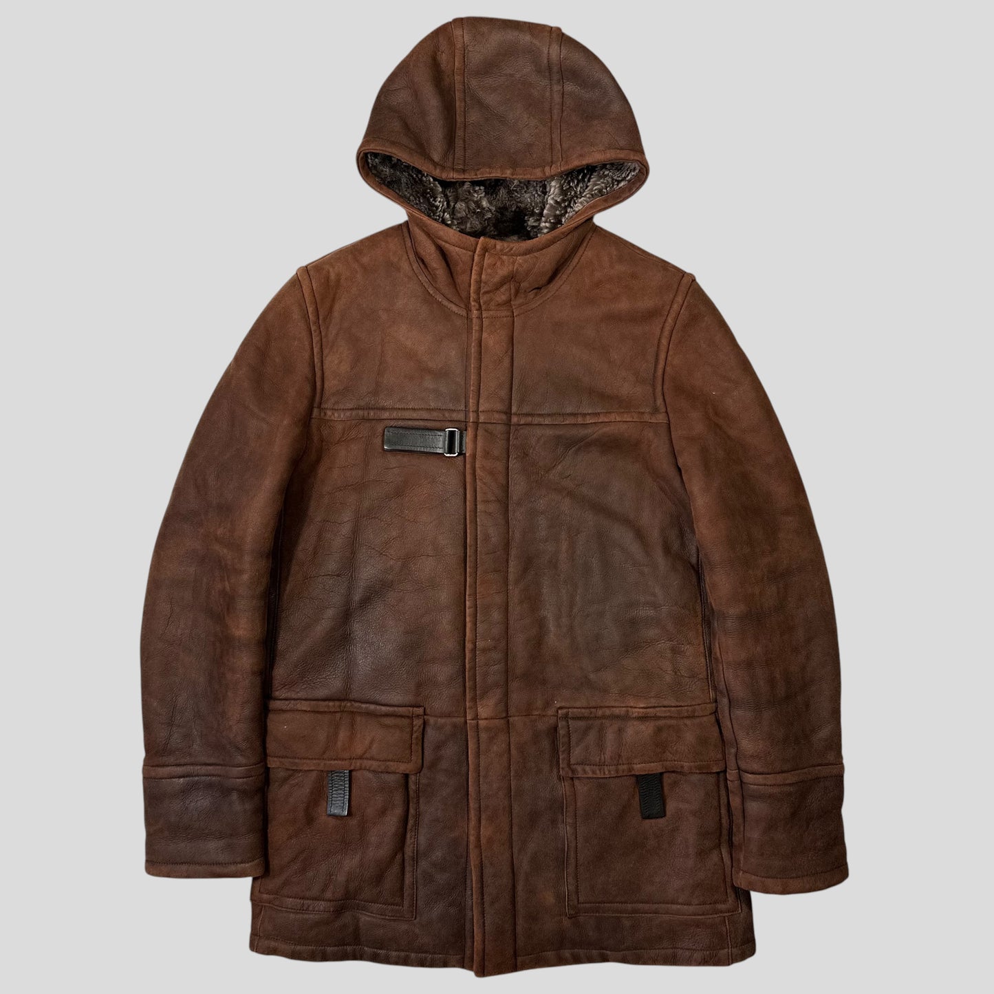 Prada Milano 2010 Sheepskin Fur & Leather Strap Hooded Coat - IT50