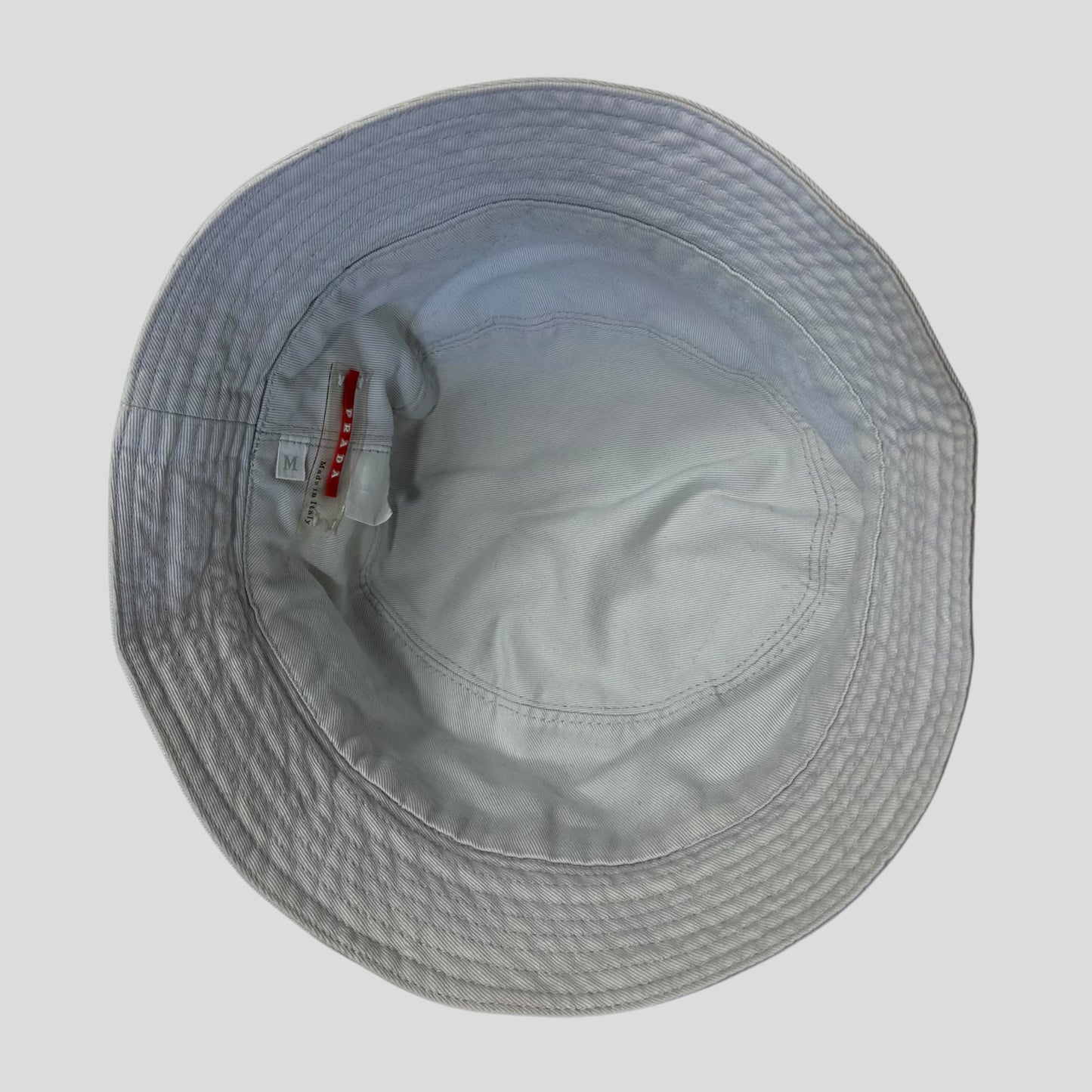 Prada Sport 1999 White Cotton Red Rubber Tab Bucket Hat - M