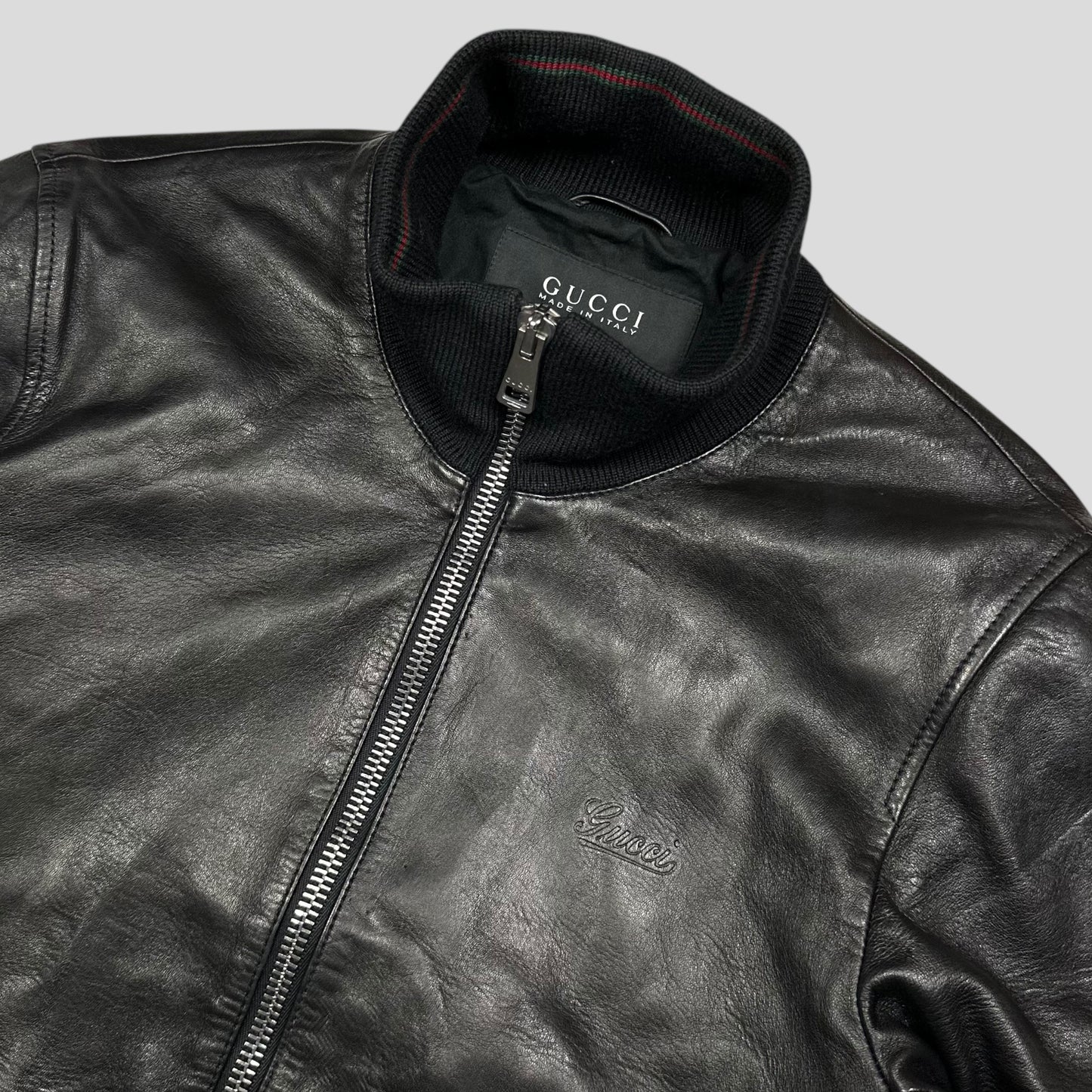Gucci Nappa Leather Logo Web Bomber Jacket - IT46 (S)
