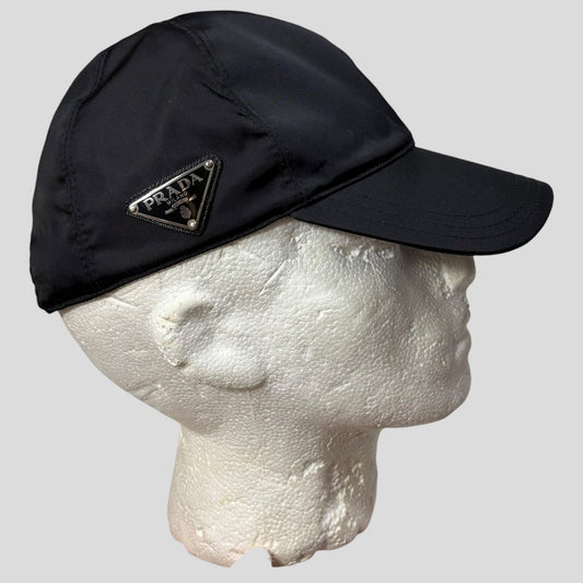 Prada Milano Triangle Plaque Logo Black Nylon Baseball Cap - M/L
