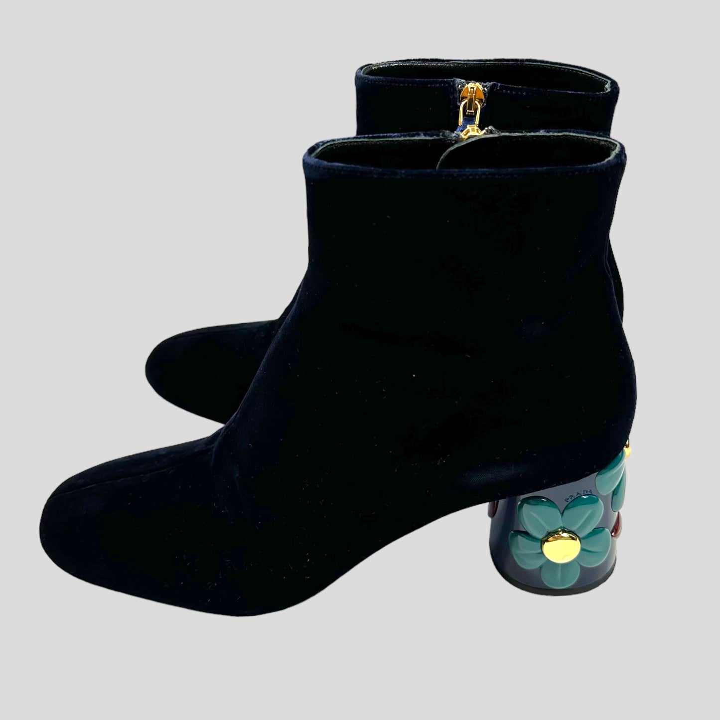 Prada Milano Floral Heel Blue Velvet Boots - UK7