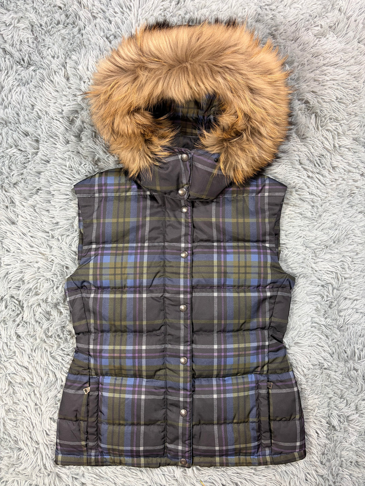 Prada Sport 2011 Shadow Plaid Raccoon Fur Nylon Puffer Gilet - M