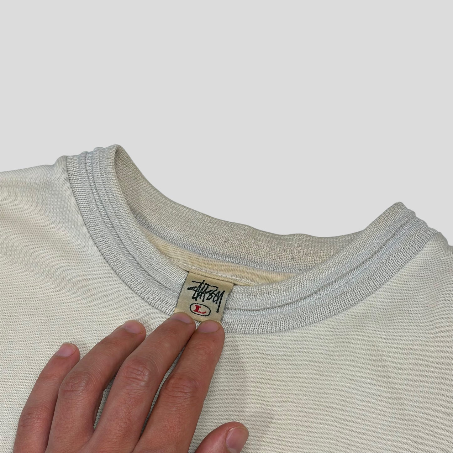 Stussy 90’s Cream Heavy Tom Tom White Tag Pocket Logo T-shirt - L/XL