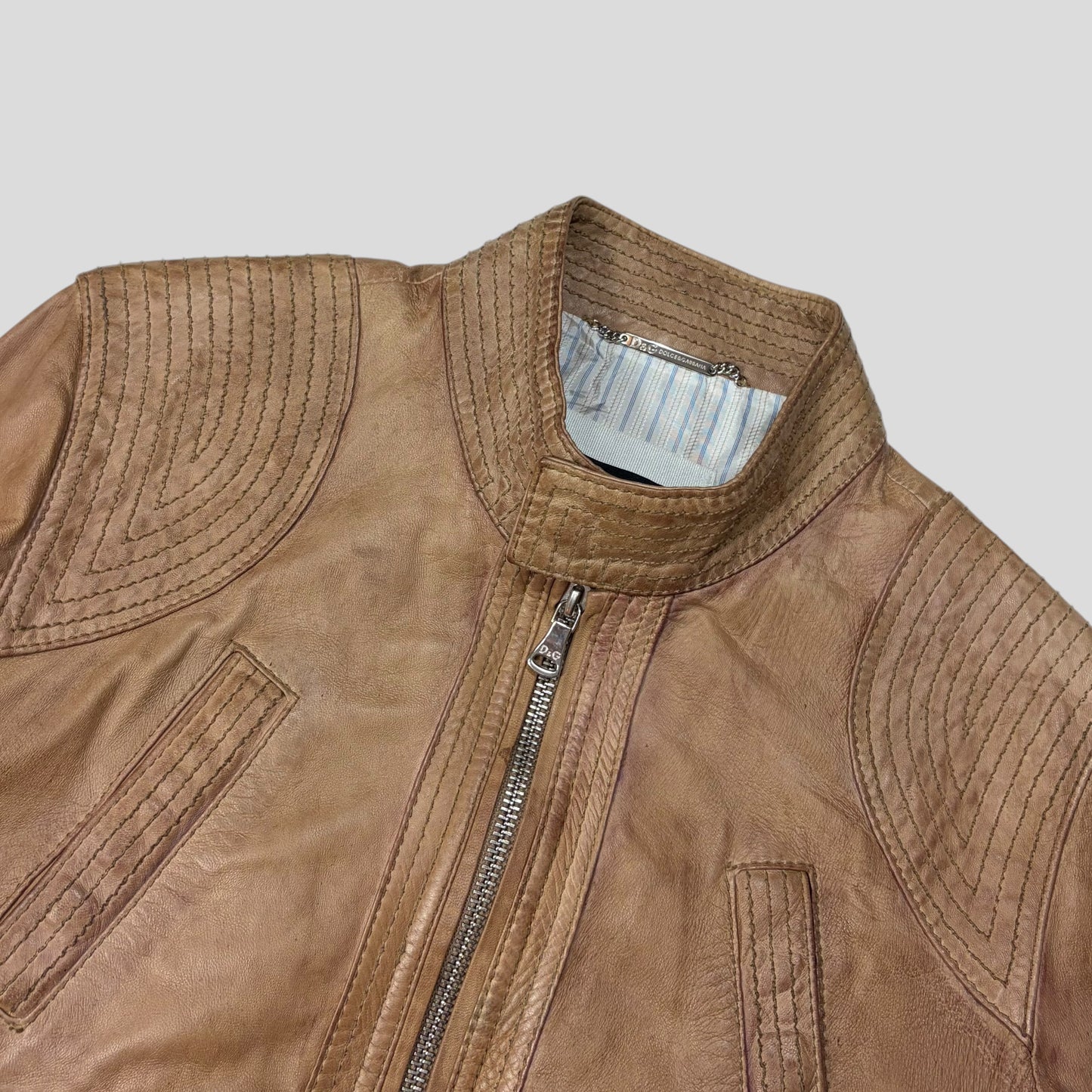 Dolce & Gabanna 2011 Antique Effect Leather Cargo Biker Jacket - M