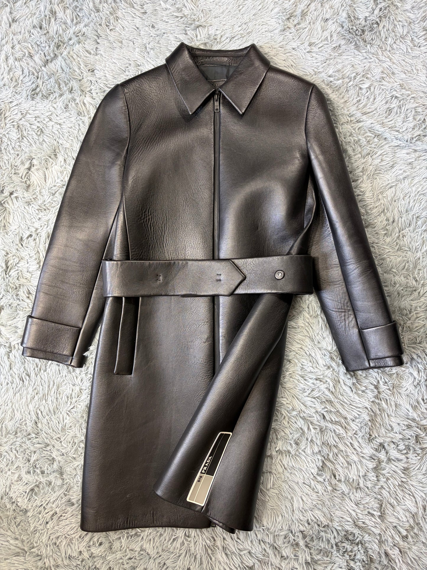 Prada 2018 Race Logo Leather Belted Trench Coat - IT40