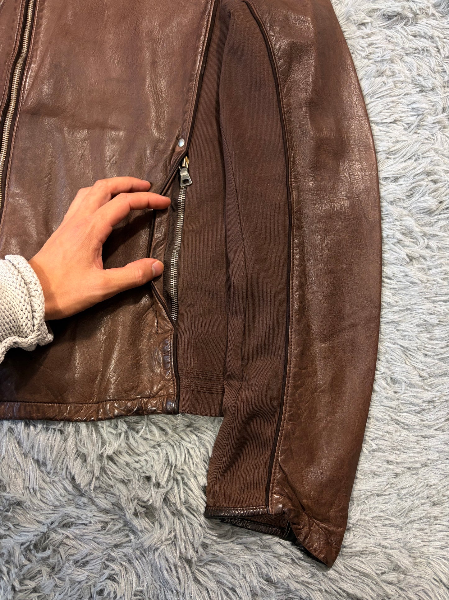 Prada Sport 2004 Brown Leather + Cotton Panelled Biker Jacket - L