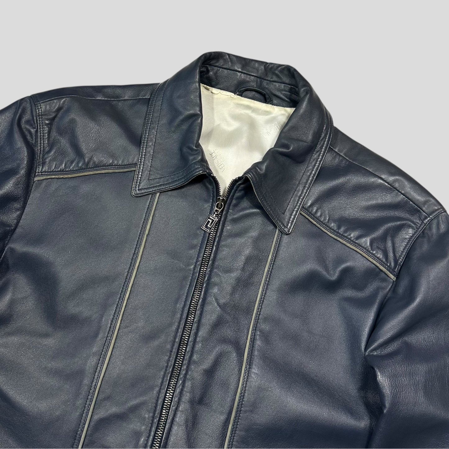 Versace 90’s Classic Premium Blue Leather Piped Moto Jacket - M
