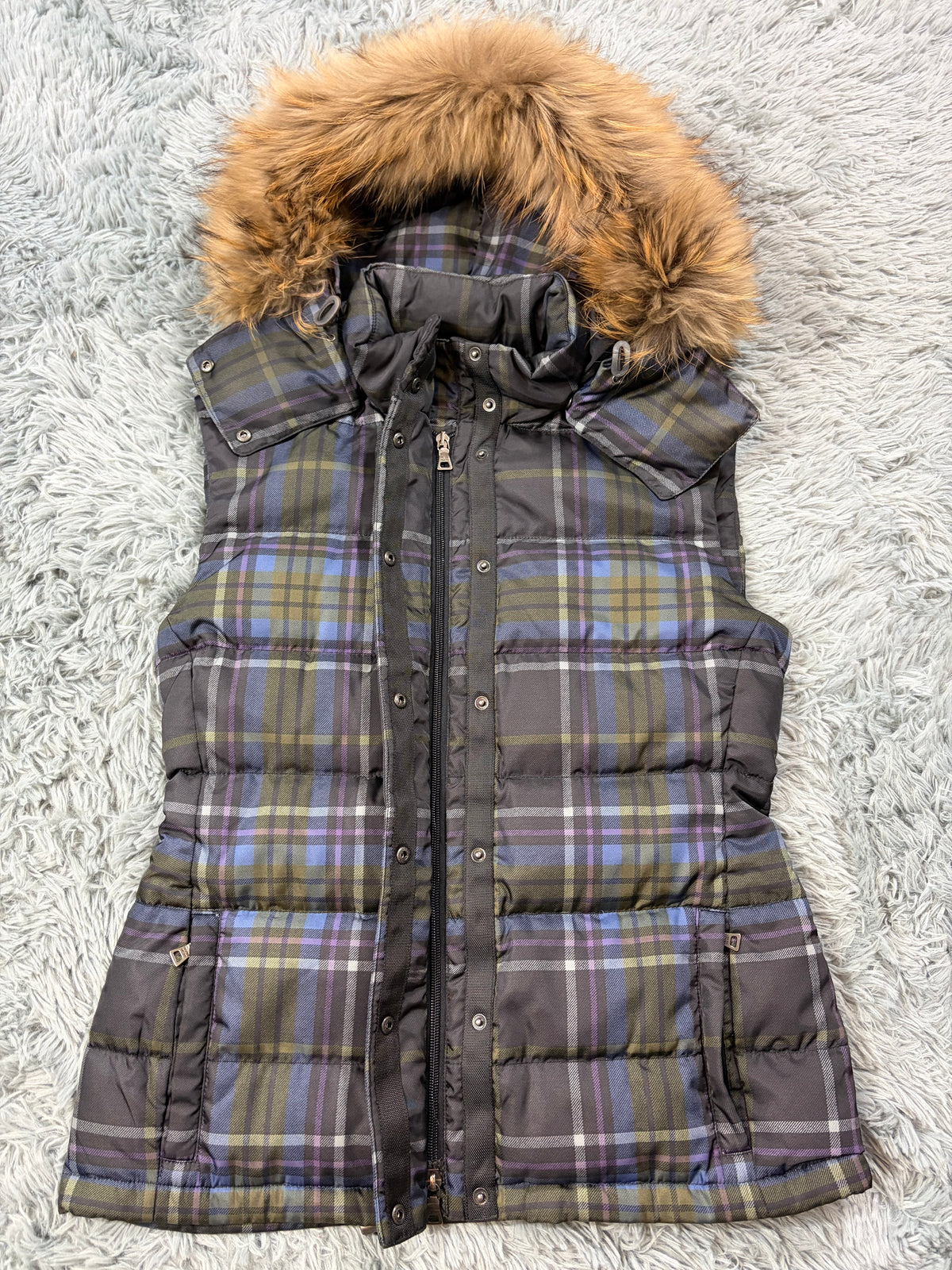 Prada Sport 2011 Shadow Plaid Raccoon Fur Nylon Puffer Gilet - M