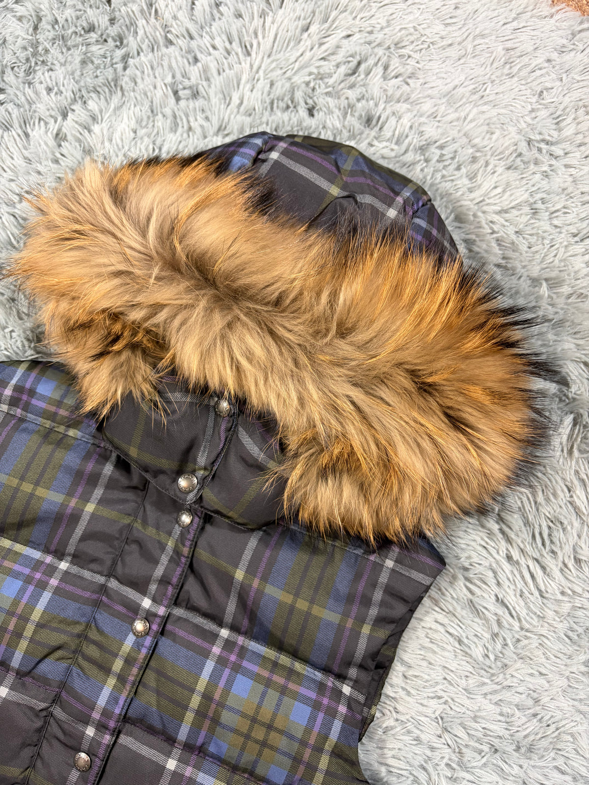 Prada Sport 2011 Shadow Plaid Raccoon Fur Nylon Puffer Gilet - M