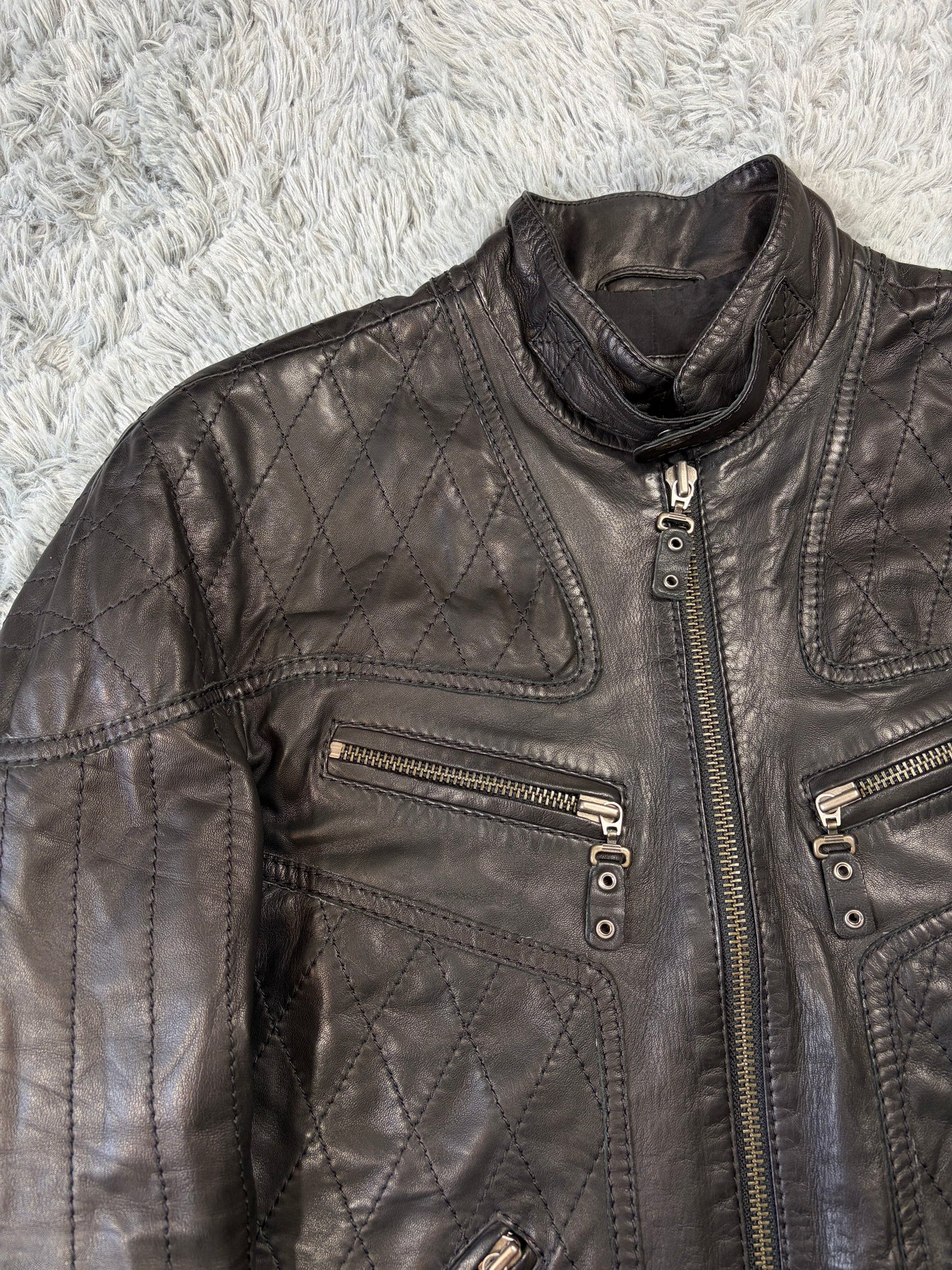 Just Cavalli SS08 Leather Quilted Multipocket Panelled Biker Jacket - L