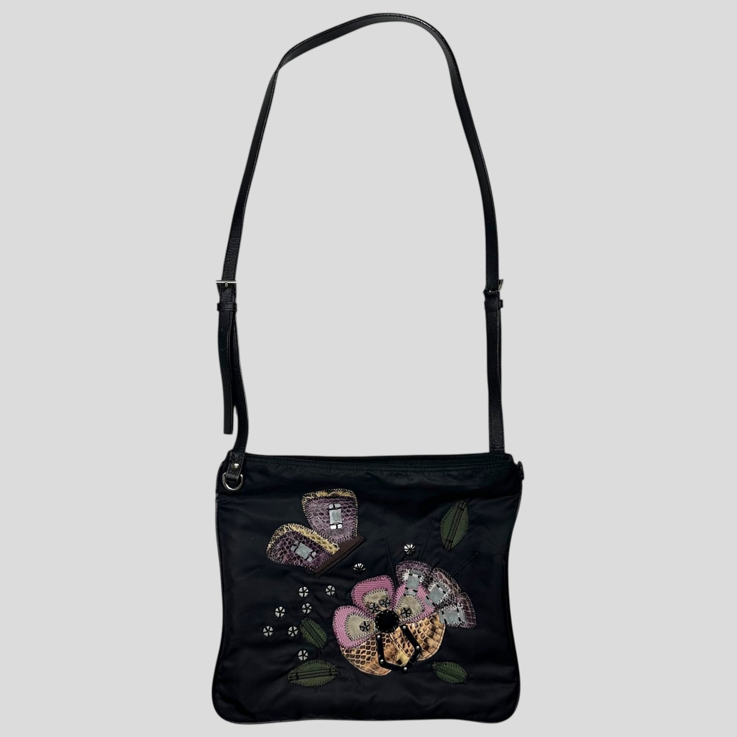 Prada Milano 00’s Python Leather Appliqué Reversible Nylon Crossbody Bag