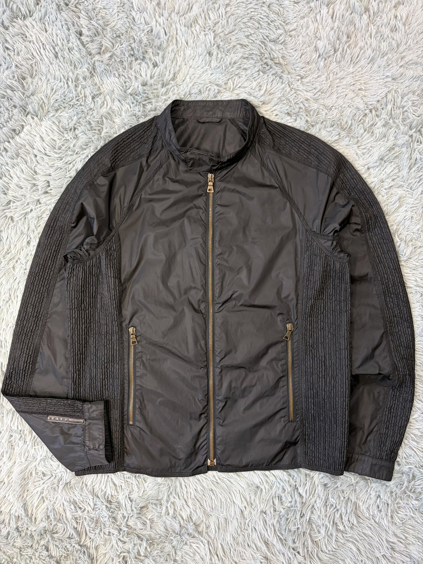 Prada Sport 2008 Pleated Black Tab Nylon Biker Jacket - M