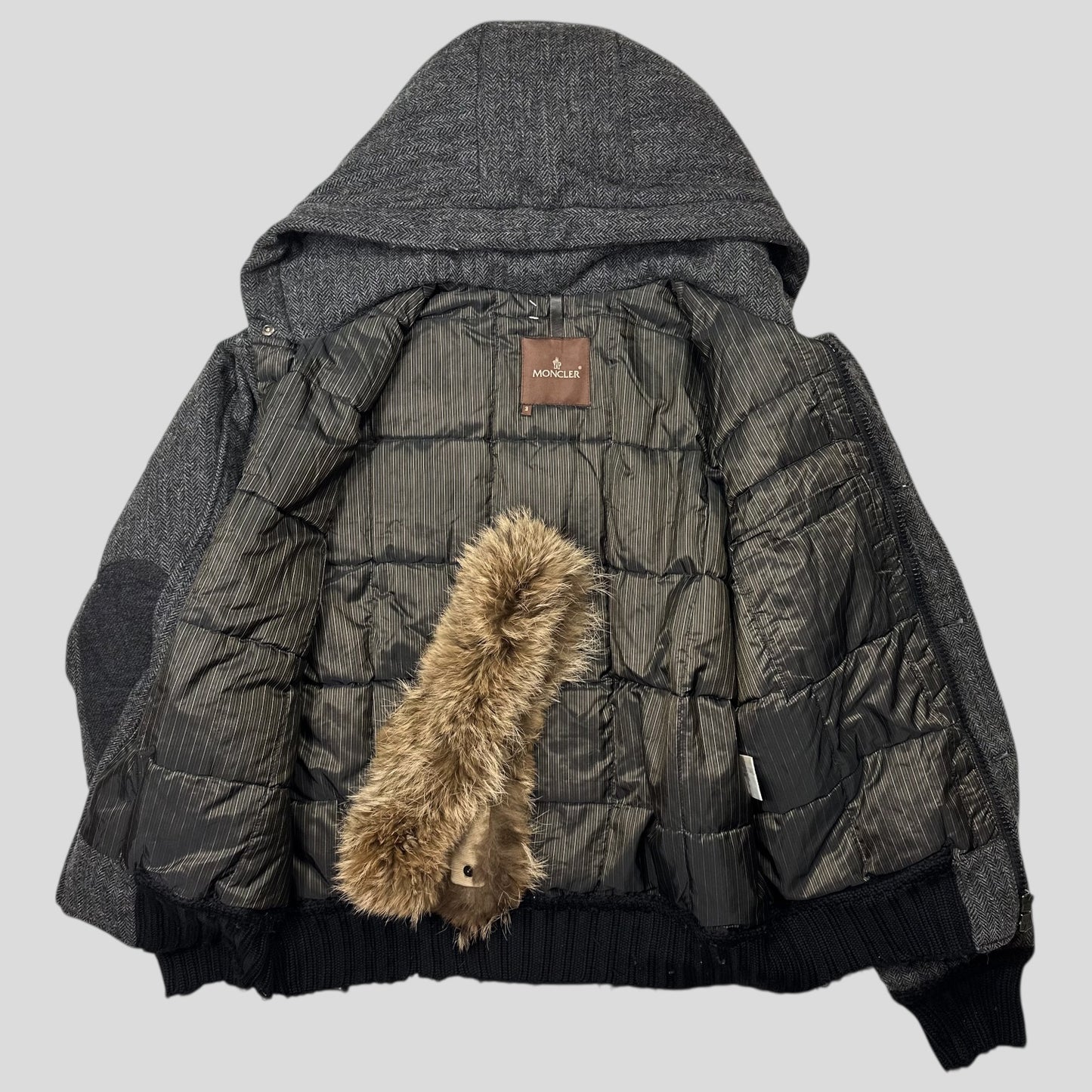 Moncler 00’s Herringbone Wool Down Detachable Fur Jacket - 3 (L)
