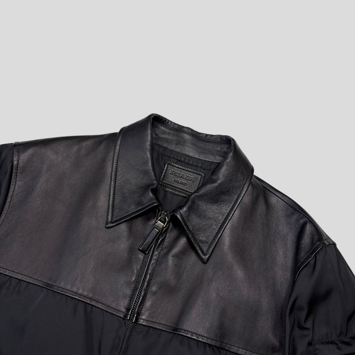 Prada 2013 Triangle Logo Gabardine Nylon & Leather Blouson Jacket - L/XL