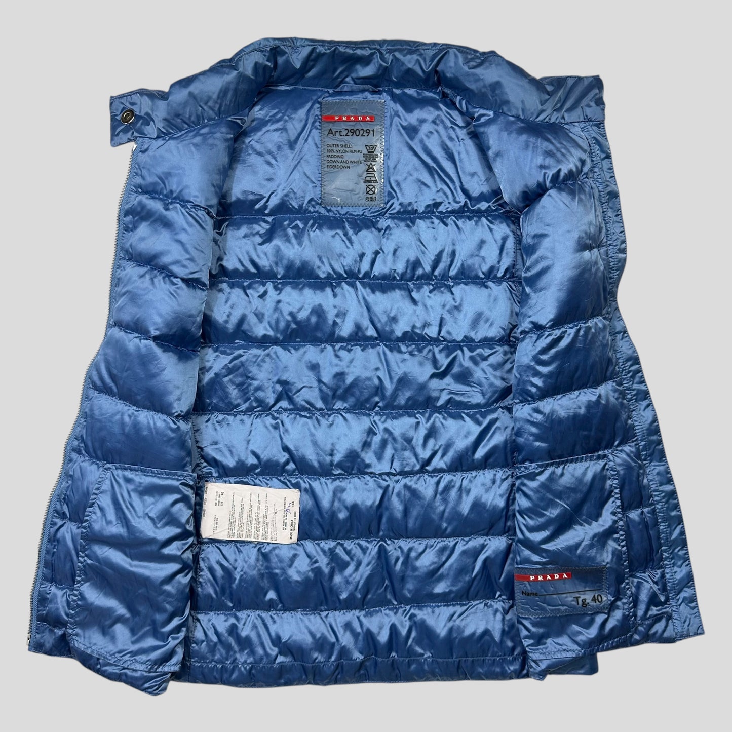 Prada Milano 2011 Satin Blue Nylon Down Logo Gilet