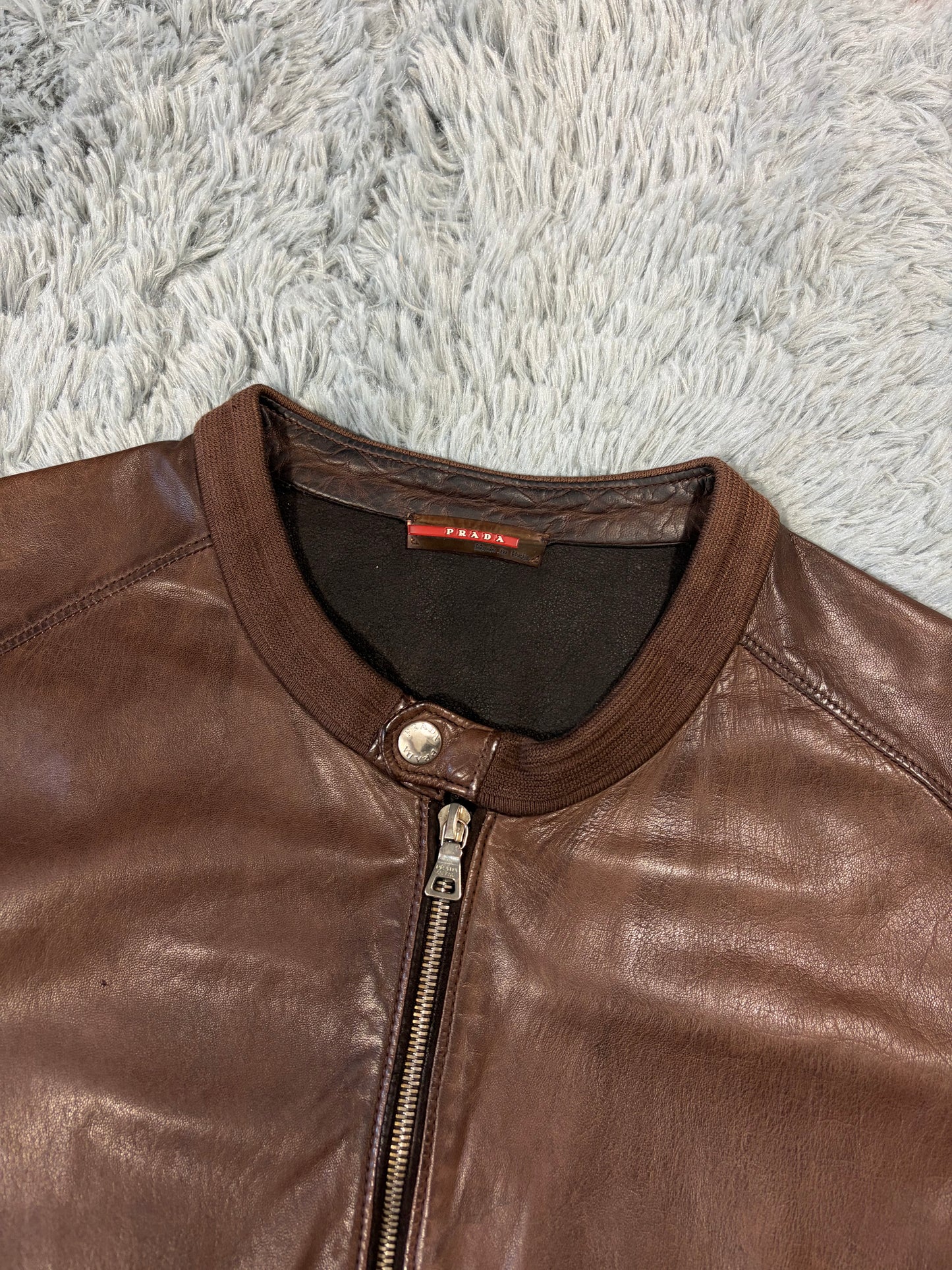 Prada Sport 2004 Brown Leather + Cotton Panelled Biker Jacket - L