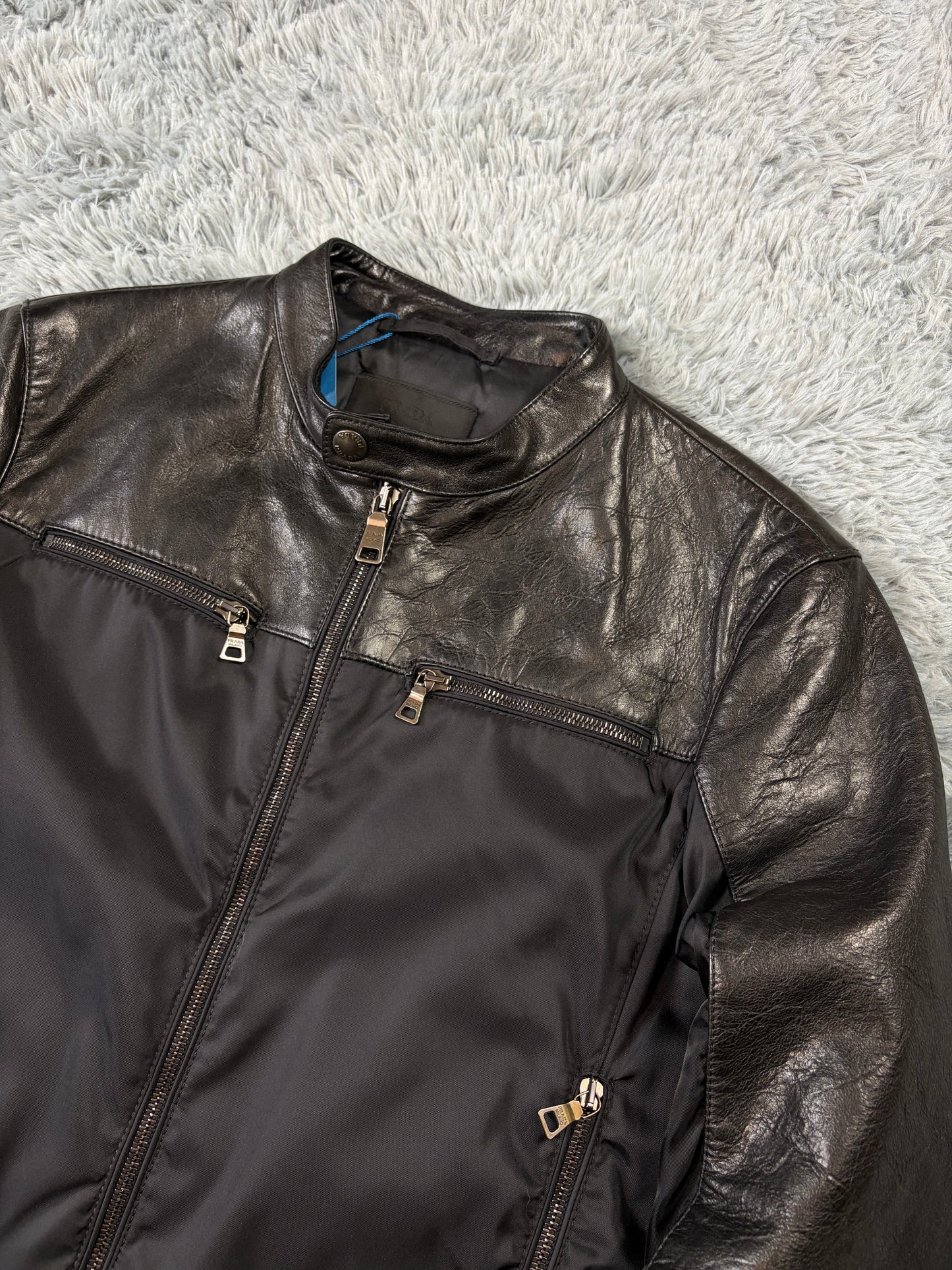 Prada Milano 2011 Gabardine Nylon Leather Hybrid Biker Jacket - S/M