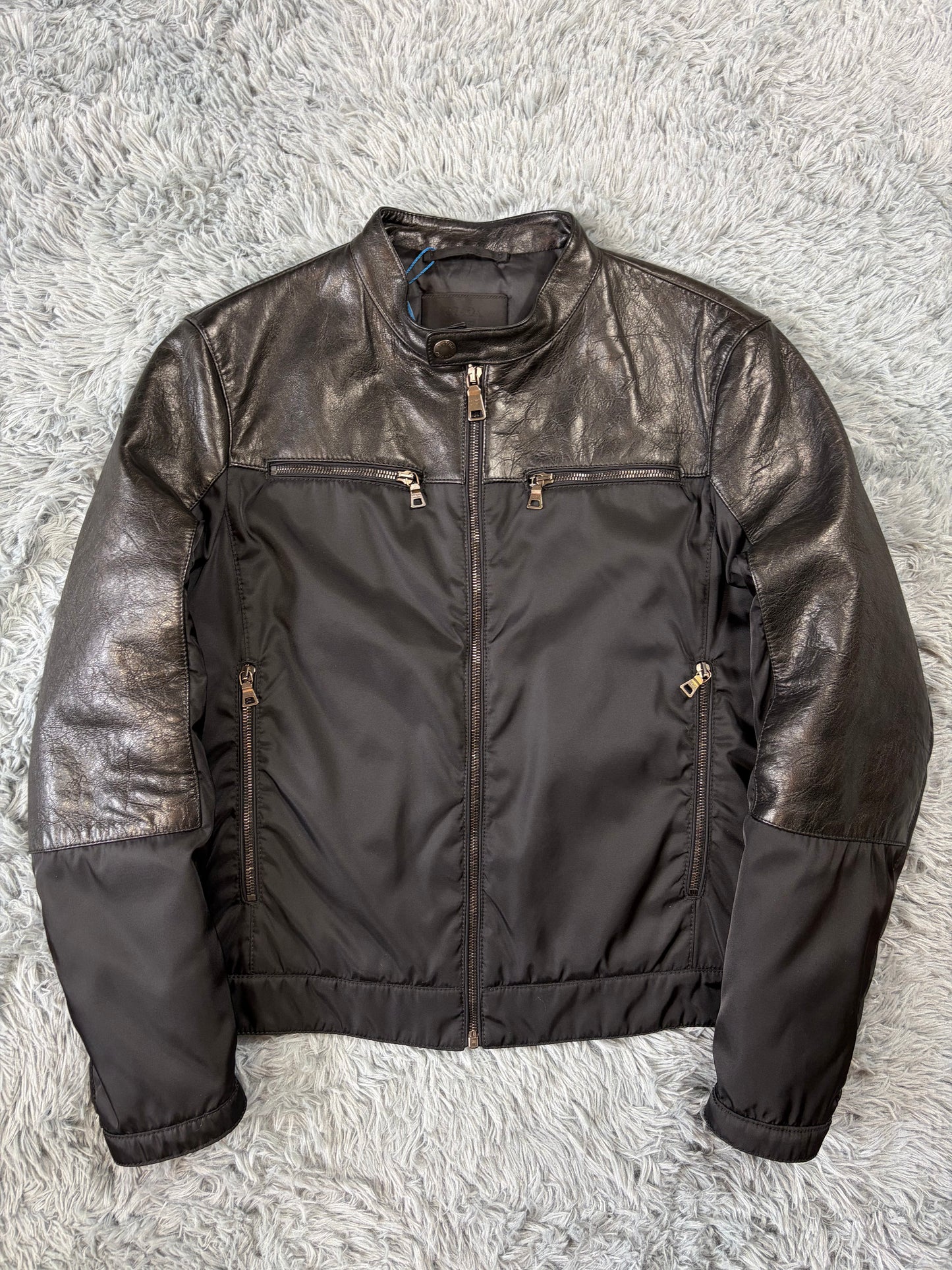 Prada Milano 2011 Gabardine Nylon Leather Hybrid Biker Jacket - S/M