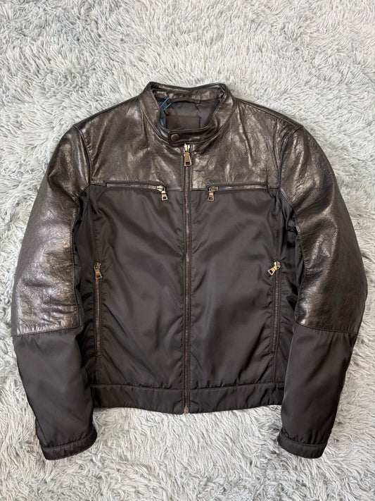 Prada Milano 2011 Gabardine Nylon Leather Hybrid Biker Jacket - S/M