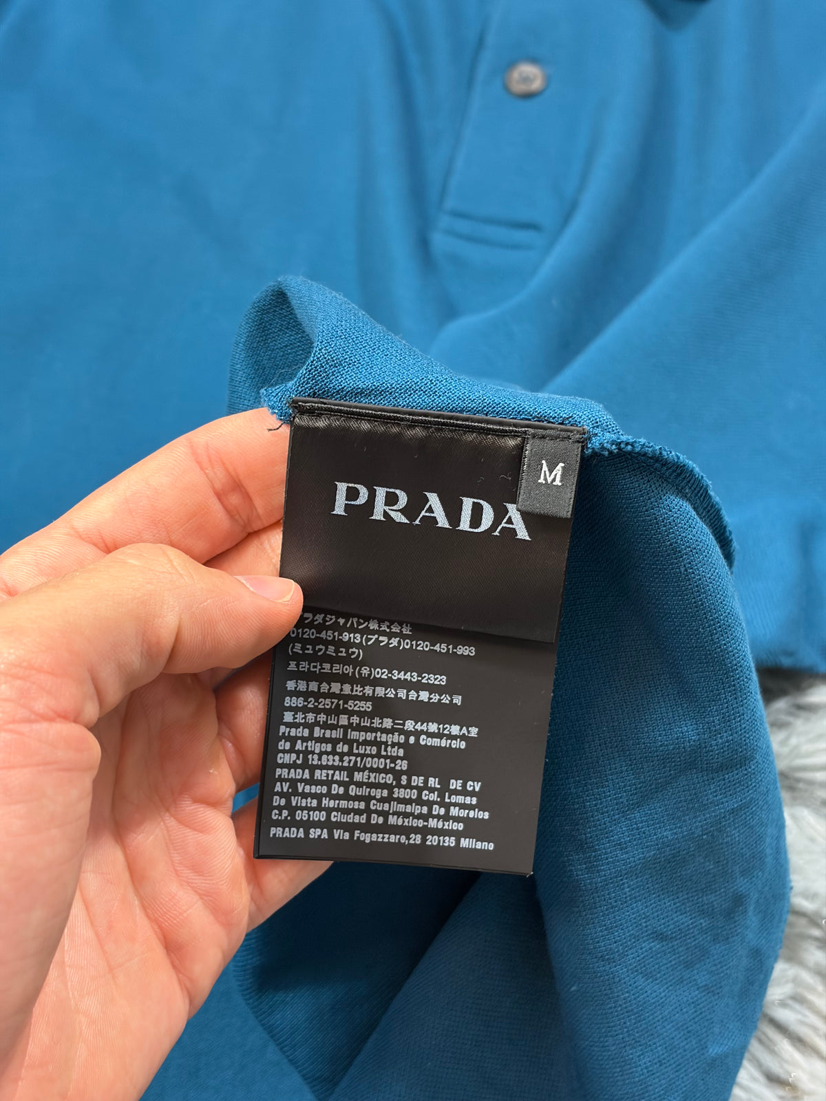 Prada 2020 Big Spellout Logo Teal Blue Taped Polo Shirt - M