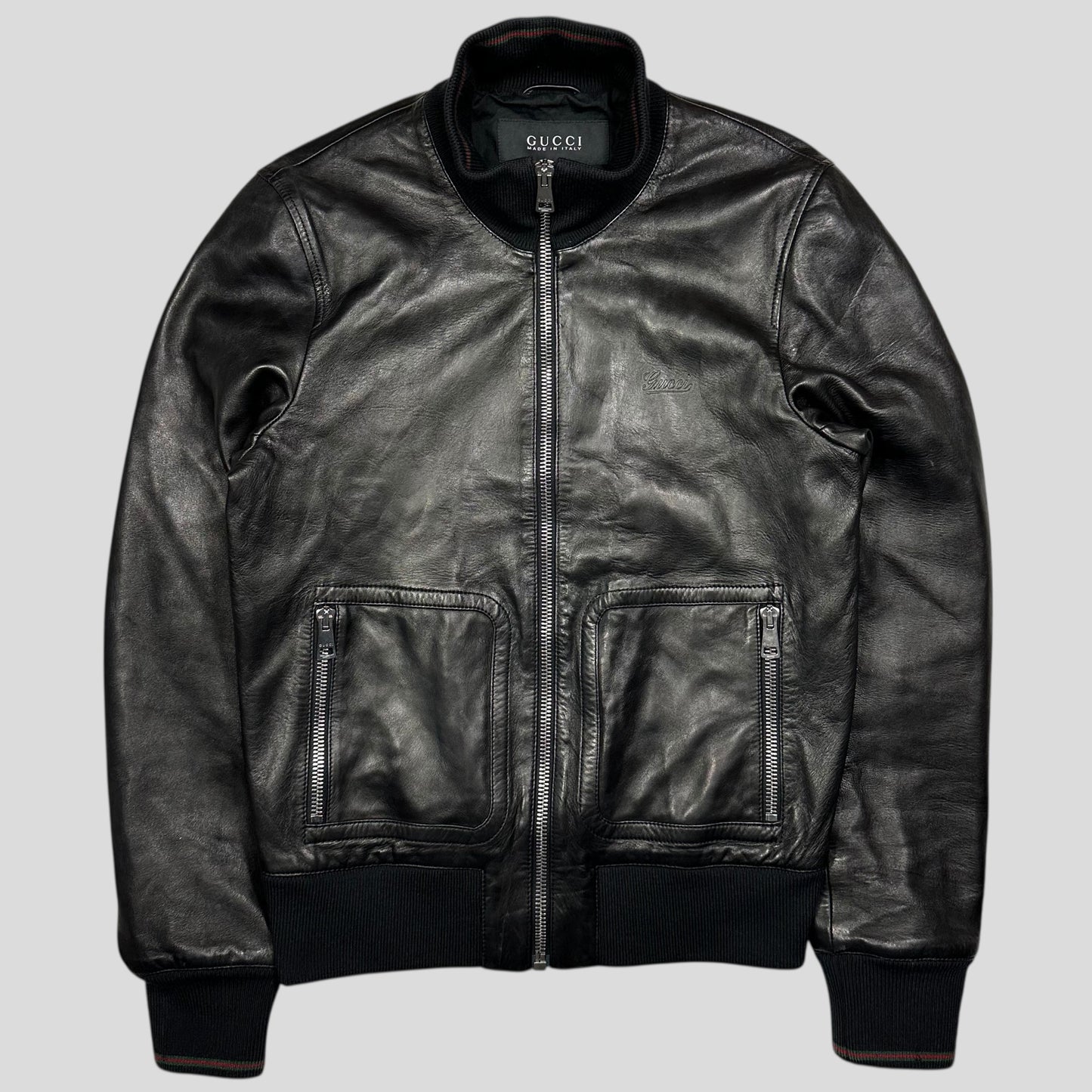 Gucci Nappa Leather Logo Web Bomber Jacket - IT46 (S)