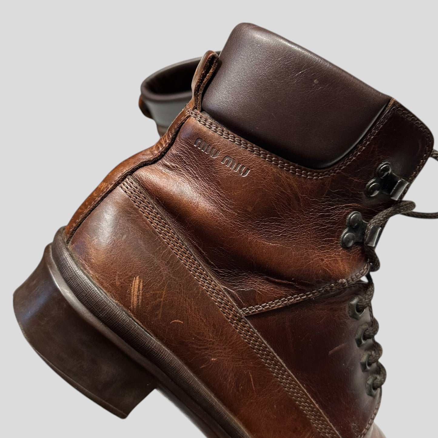 Miu Miu 00’s Padded Leather Embossed Logo Combat Boots - UK8