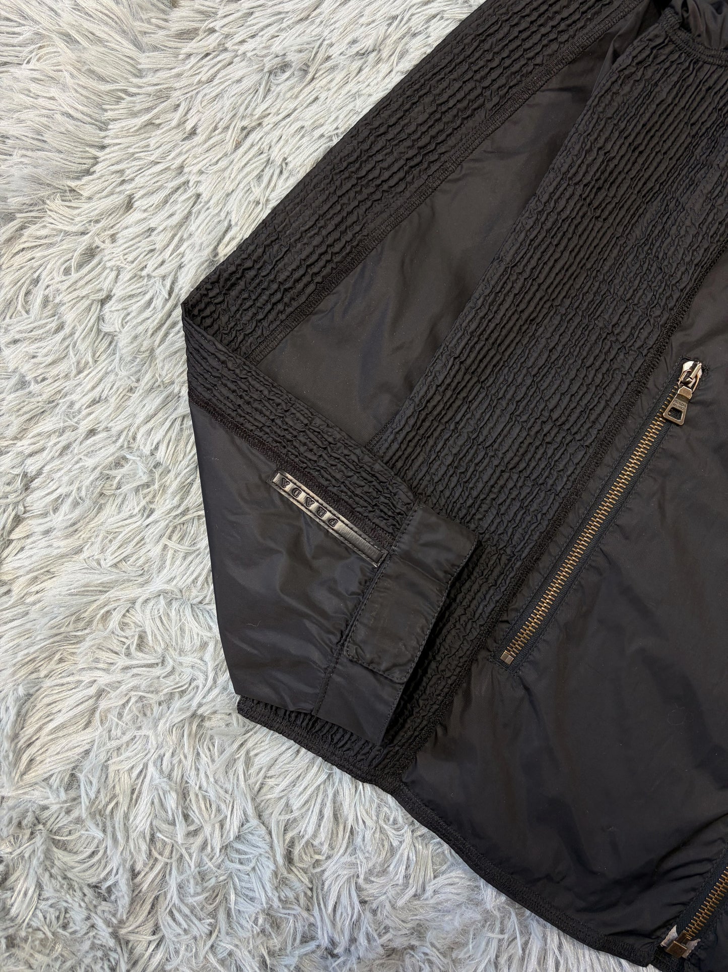 Prada Sport 2008 Pleated Black Tab Nylon Biker Jacket - M