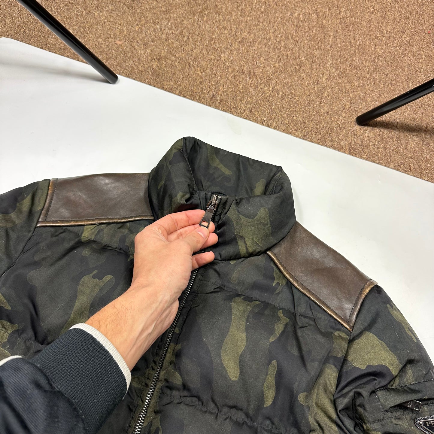 Prada Milano 2014 Green Camo Nylon Elder Down Leather Puffer - IT46