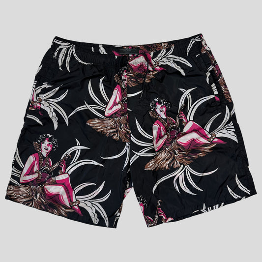 Prada Milano 2018 Hawaii Hula Girl Print Triangle Logo Board Shorts - IT52