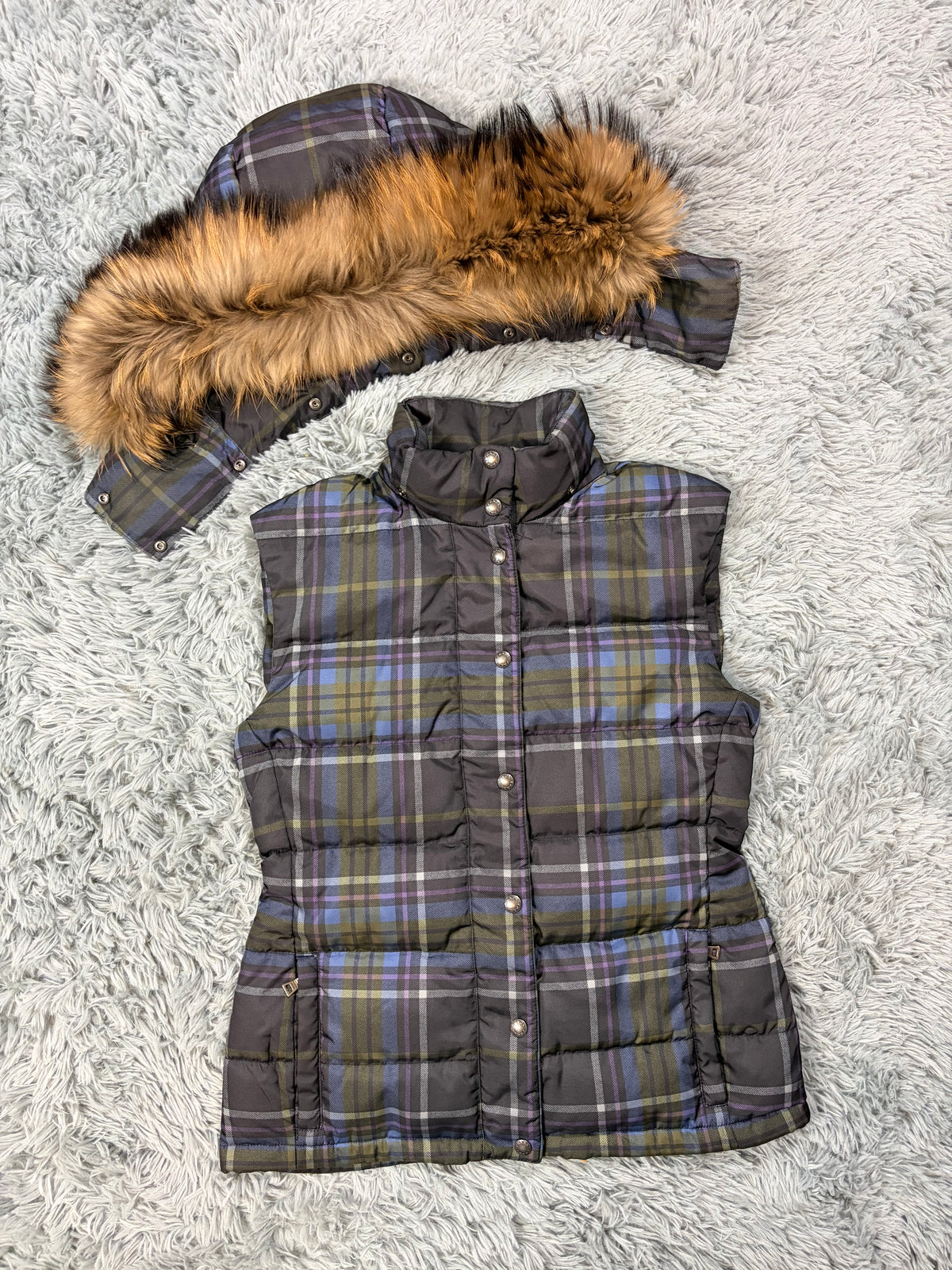 Prada Sport 2011 Shadow Plaid Raccoon Fur Nylon Puffer Gilet - M