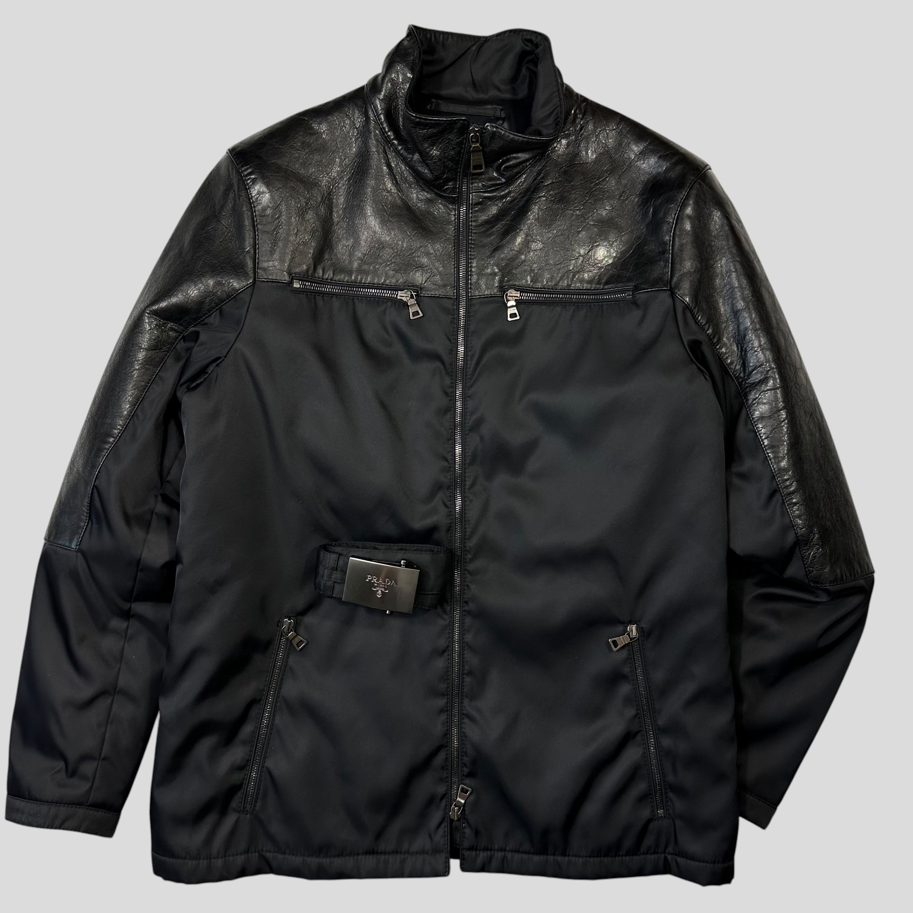 Prada Milano 2011 Gabardine Nylon Leather Jacket + Belt - M