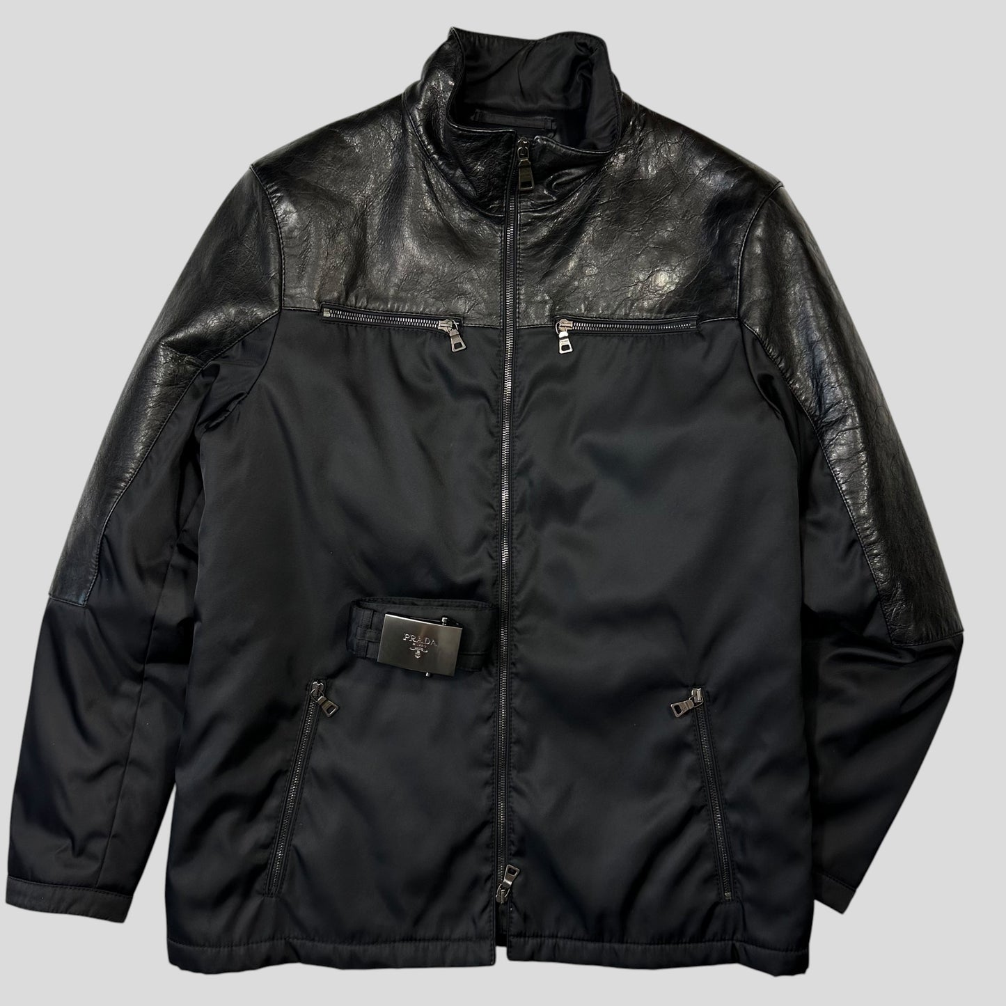 Prada Milano 2011 Gabardine Nylon Leather Jacket + Belt - M