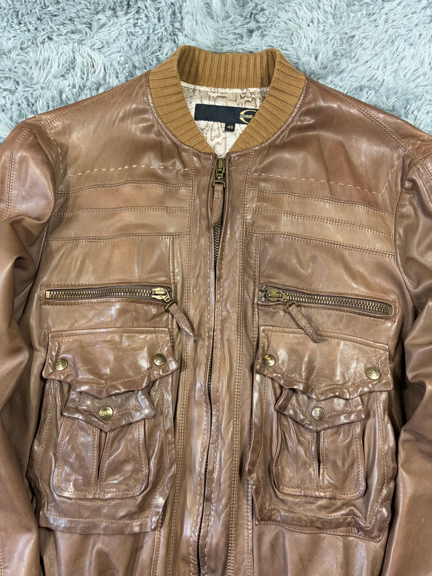 Just Cavalli SS07 Leather 3D Cargo Pocket Pleated Western Bomber - M