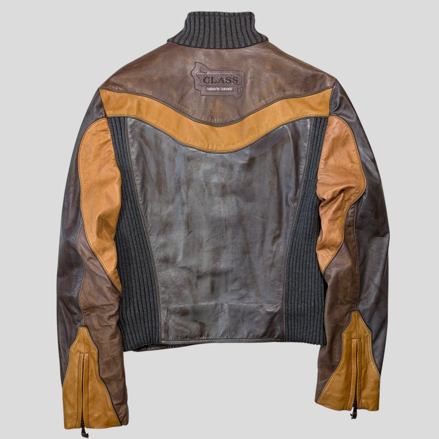 Roberto Cavalli Class 00’s Parrot Patchwork Leather Biker Jacket - M/L