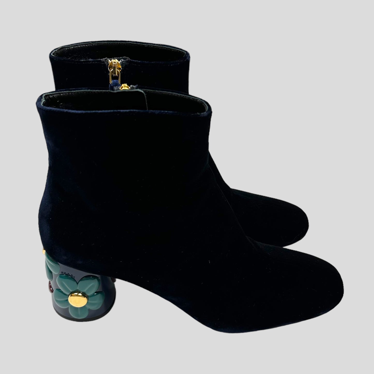 Prada Milano Floral Heel Blue Velvet Boots - UK7